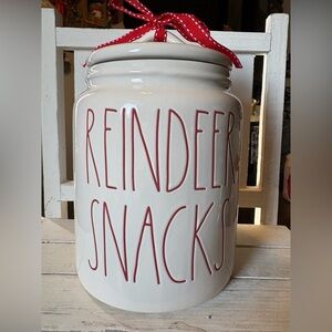 Rae Dunn White Reindeer Snacks Jar with Red Ribbon